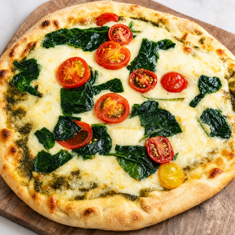 Melted mozzarella bubbling on a pesto spinach naan pizza in the air fryer