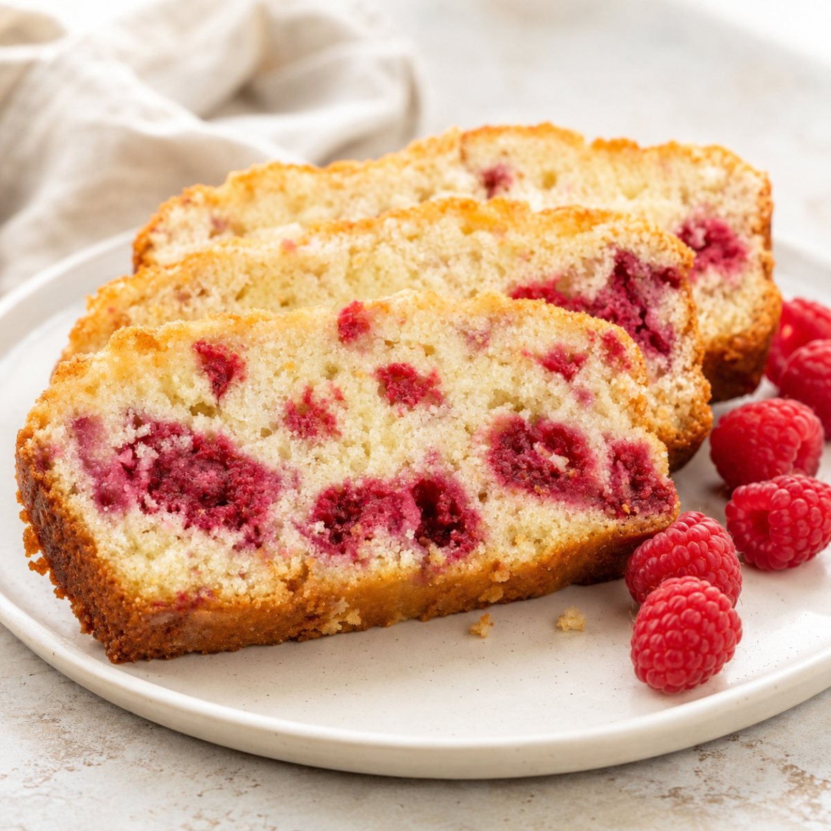 Sliced air fryer raspberry bread on a wooden board with fresh raspberries visible throughout the crumb