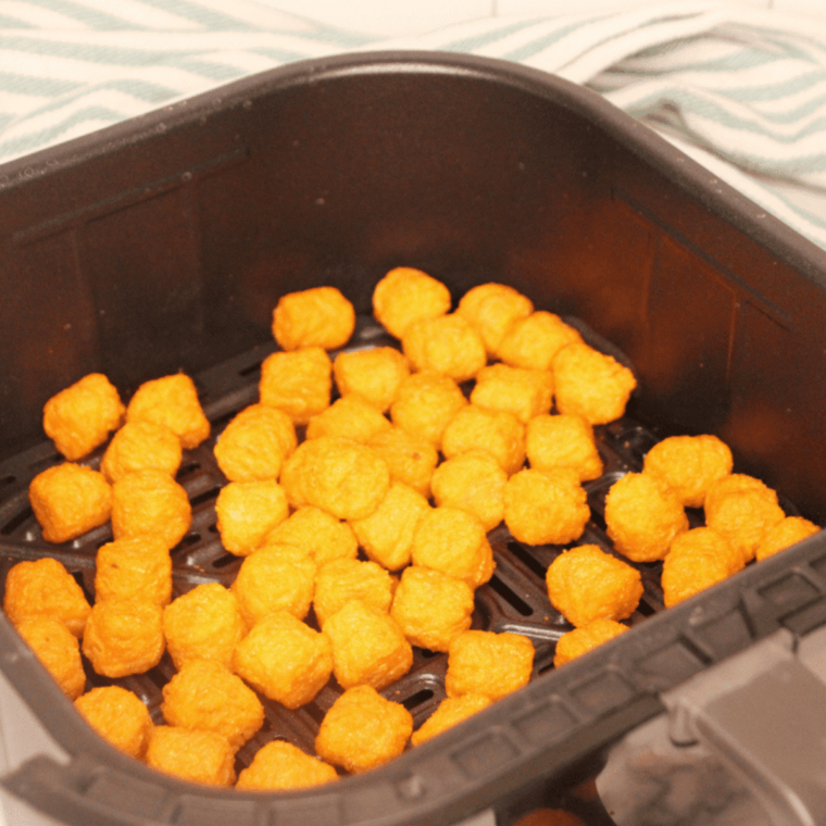 Frozen round tater tots in a single layer in an air fryer basket