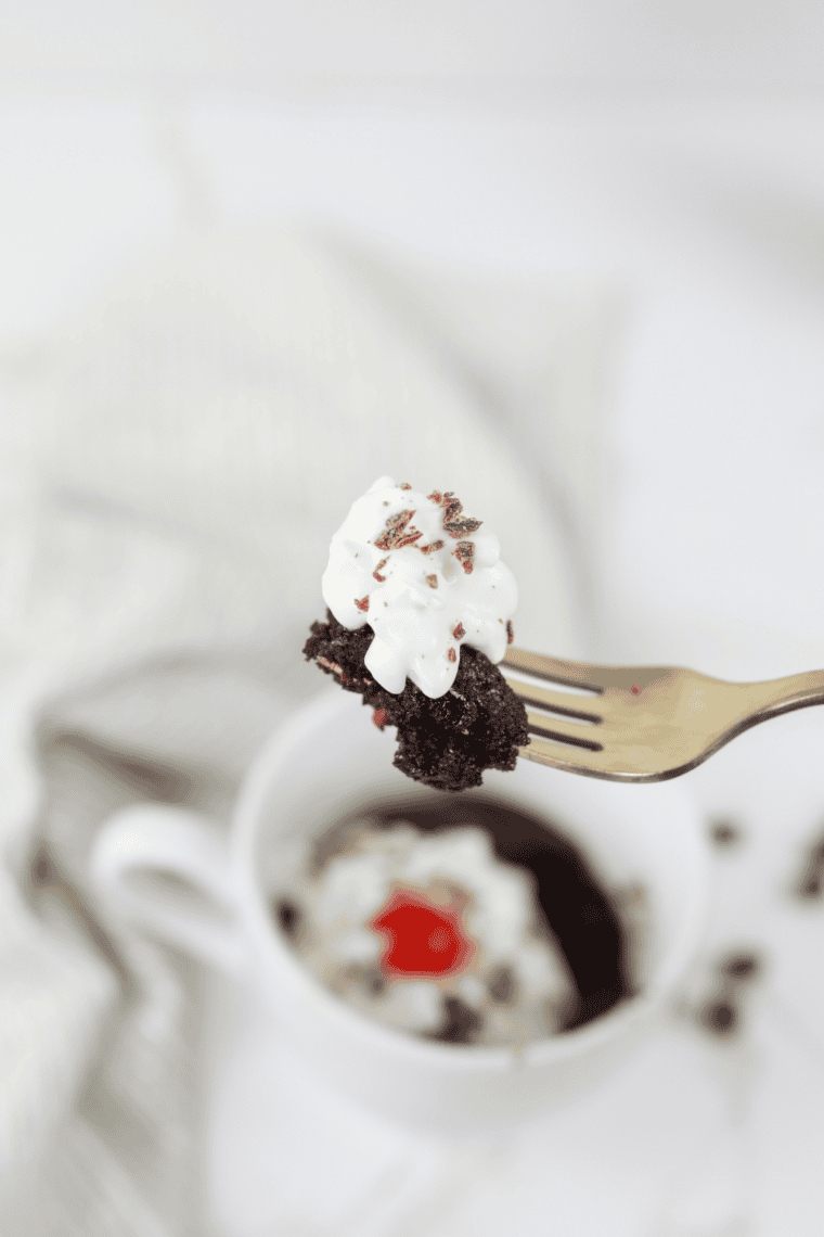 Fudgy air fryer brownie in a mug served warm with gooey chocolate center, quick single-serve dessert made in ceramic mug for easy treat