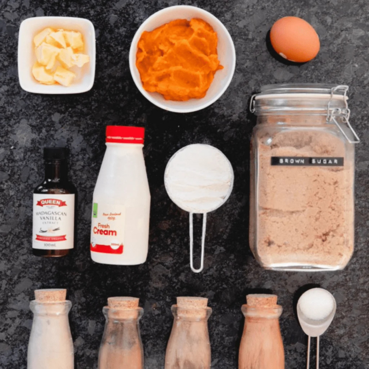 Ingredients for air fryer pumpkin cake measured out on a counter