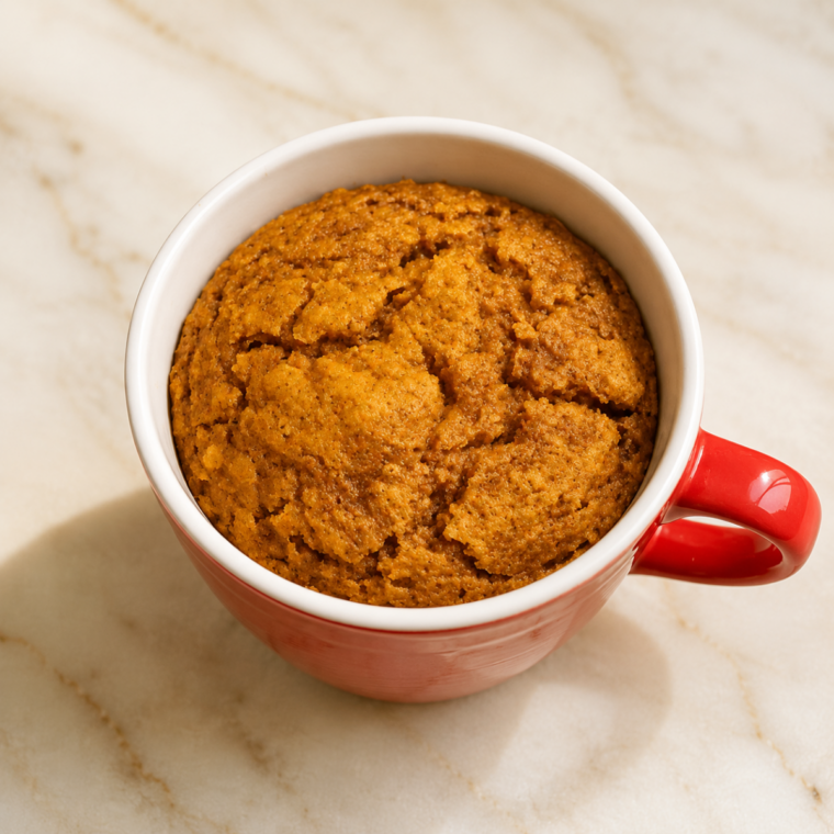 Mug of pumpkin cake batter placed in an air fryer basket to cook at 330 degrees