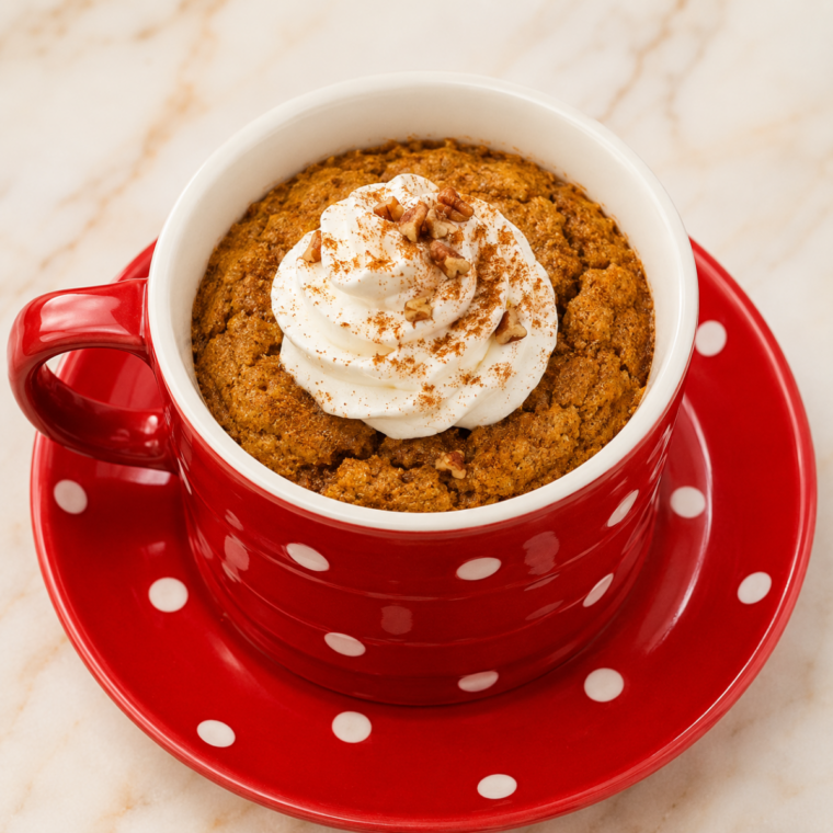 Air fryer pumpkin mug cake in a white ceramic mug topped with whipped cream and a dusting of pumpkin spice