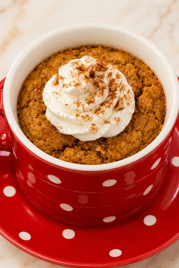 Baked air fryer pumpkin mug cake topped with whipped cream and a dusting of pumpkin spice