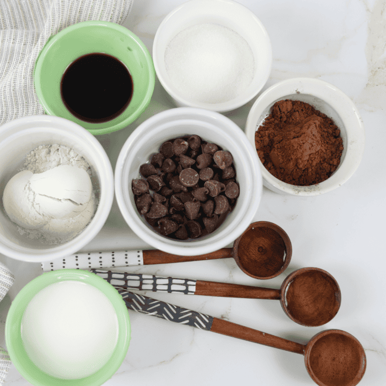 Ingredients needed for Small Batch Air Fryer Brownies on kitchen table.
