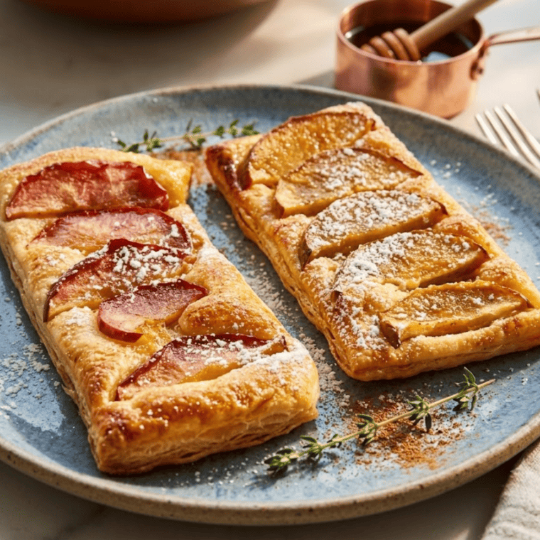 Assembled apple puff pastries inside the air fryer basket