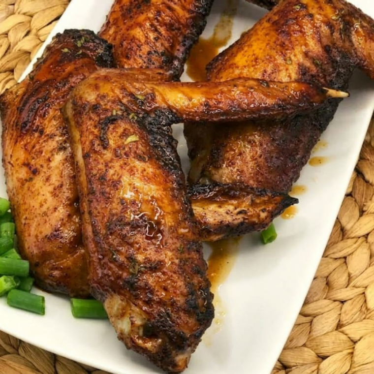 Air fryer honey roasted turkey wings coated in glaze inside air fryer basket