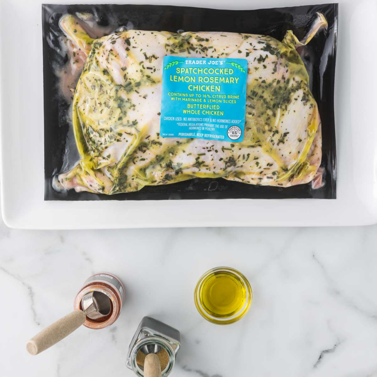 Spatchcock chicken, olive oil, lemon juice, minced garlic, and Italian seasoning
