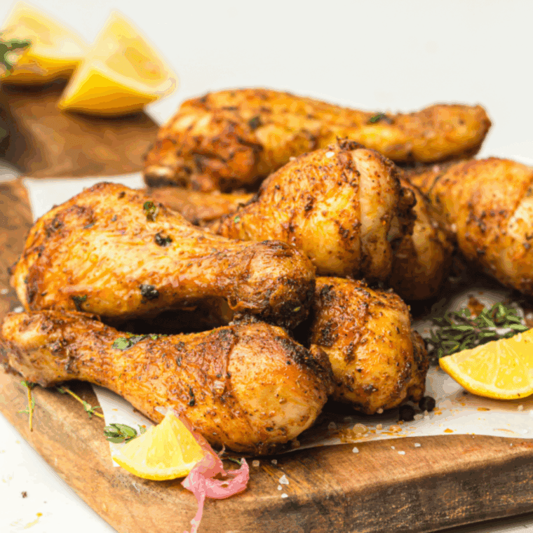 Crispy Air Fryer Cajun Chicken Drumsticks with Lemon and fresh parsley.