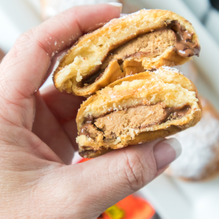 Air fryer Reese&rsquo;s peanut butter cup bombs baked until golden outside with melted chocolate and creamy peanut butter center for an easy dessert treat