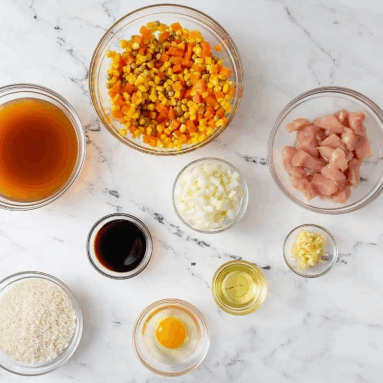 Ingredients needed for Easy Pei Wei Fried Rice Recipe on kitchen table.