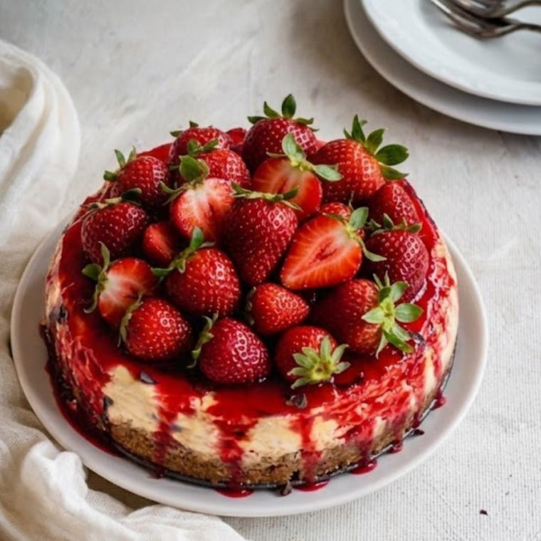 Instant Pot strawberry cheesecake with graham cracker crust and strawberry topping on white plate