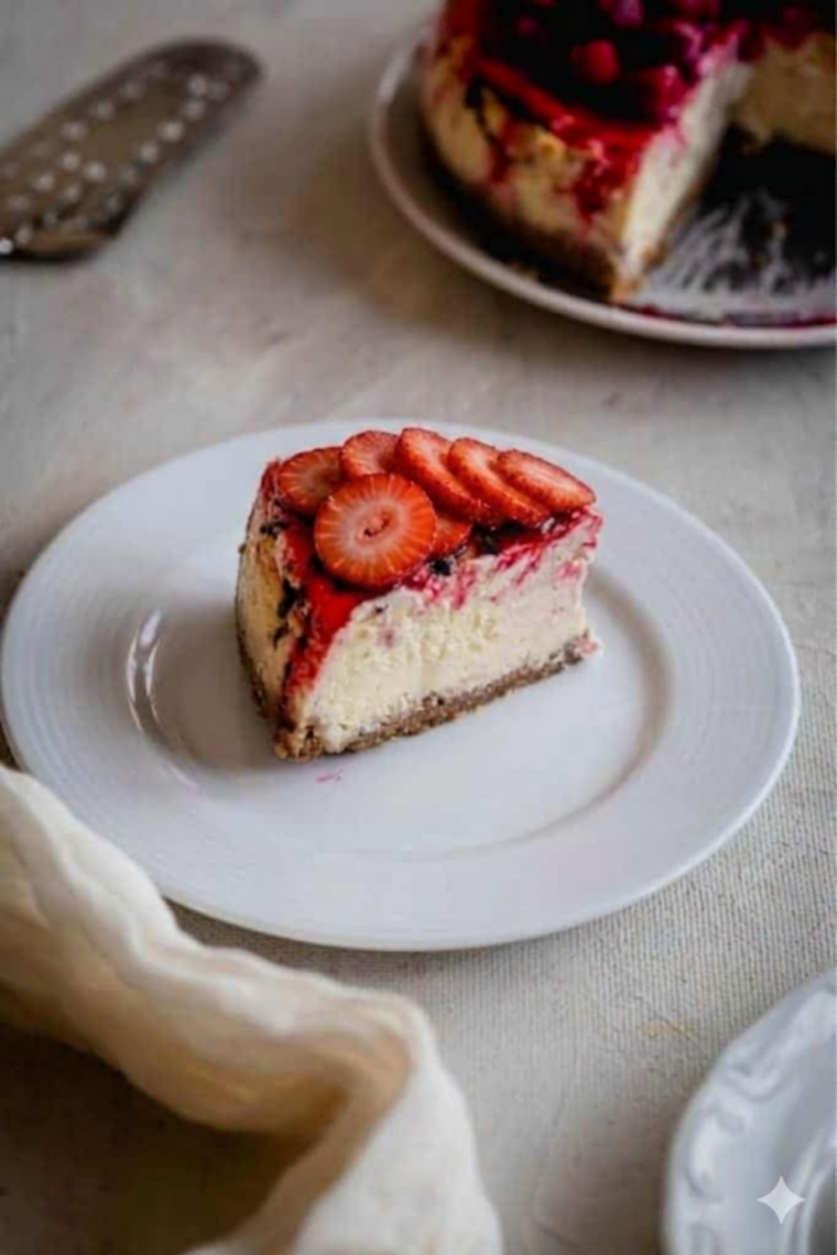 Homemade strawberry cheesecake in springform pan inside Instant Pot after cooking, cooling stage shown