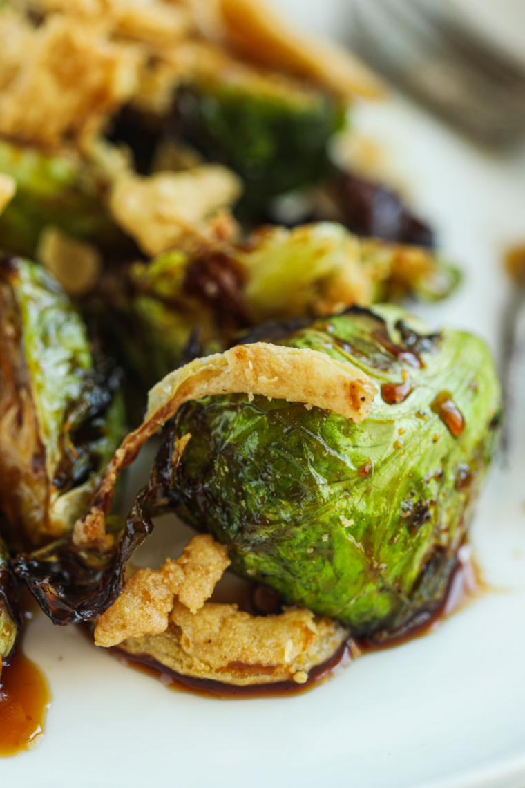 Oven roasted Brussels sprouts on a sheet pan for a Lazy Dog Brussels sprouts copycat without an air fryer