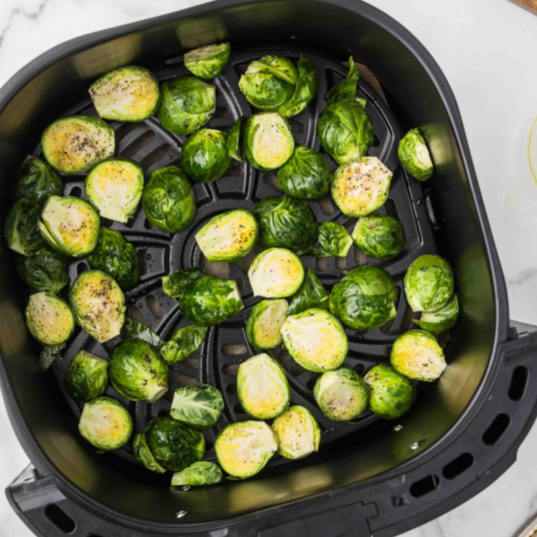 Brussels sprouts air fried cut side down at 400°F until crispy and deeply browned