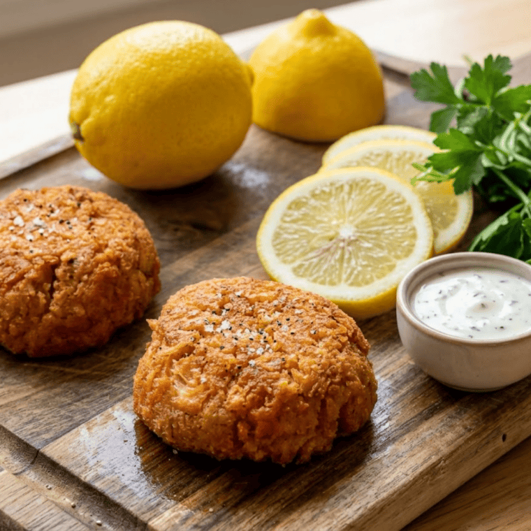 Air fryer lobster cakes served with lemon and fresh parsley garnish