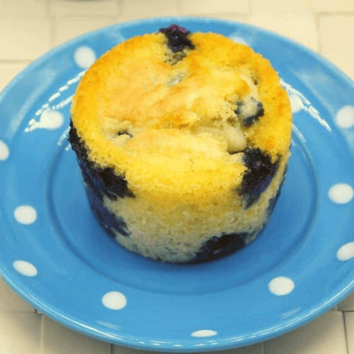 Golden Air Fryer Blueberry Pancake Muffins fresh out of the air fryer, topped with juicy blueberries.