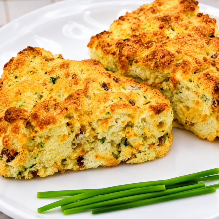 Air fryer zucchini bacon cheddar scones on a plate, flaky and golden with flecks of bacon and cheese