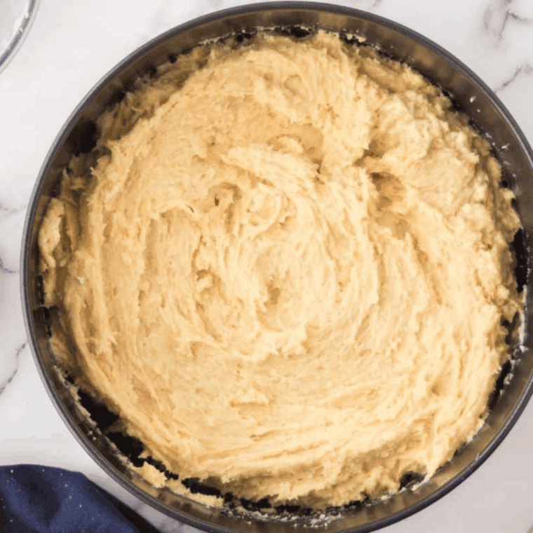 Greased cake pan sprayed with cooking spray, batter poured in about two-thirds full.