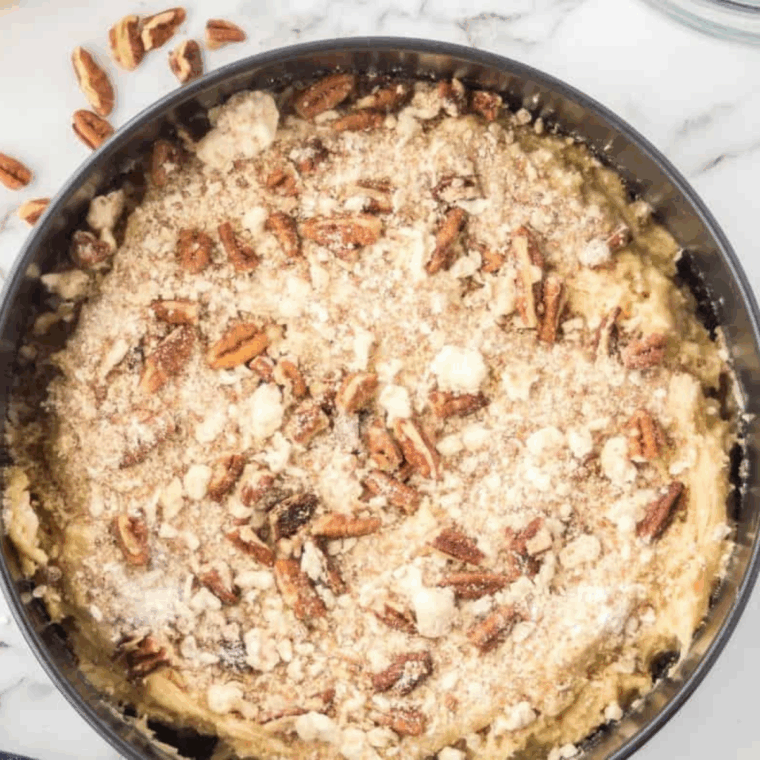 Assembled Copycat Starbucks Coffee Cake on kitchen table.