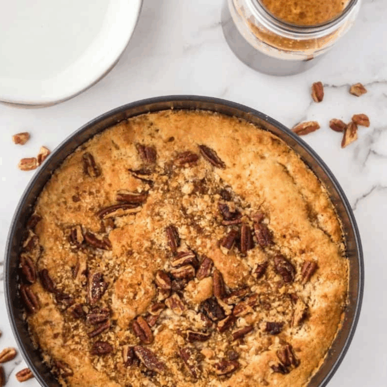 Ninja Foodi copycat Starbucks coffee cake with golden crumb topping, sliced and served on a plate.