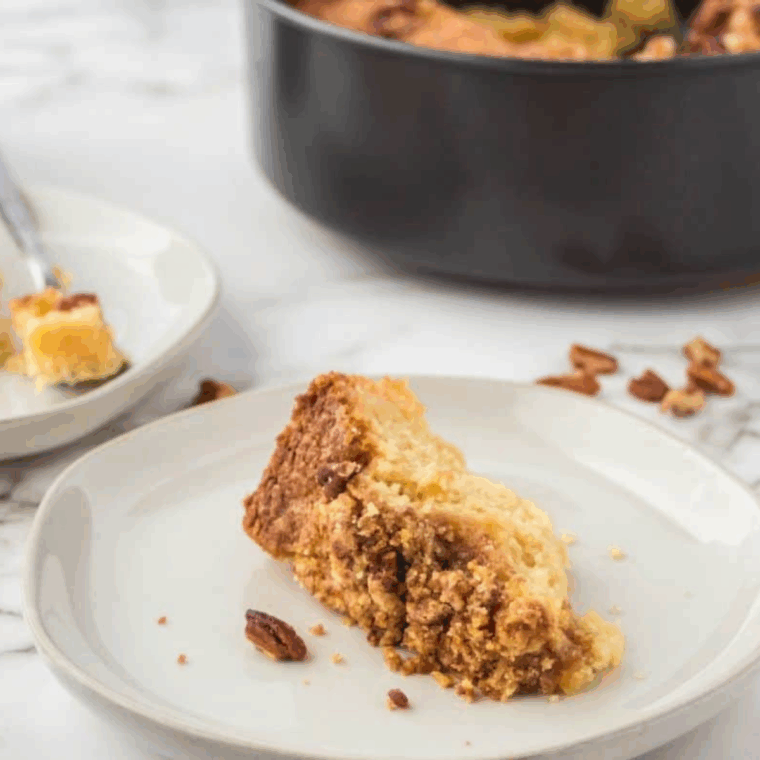 Ninja Foodi copycat Starbucks coffee cake with golden crumb topping, sliced and served on a plate.