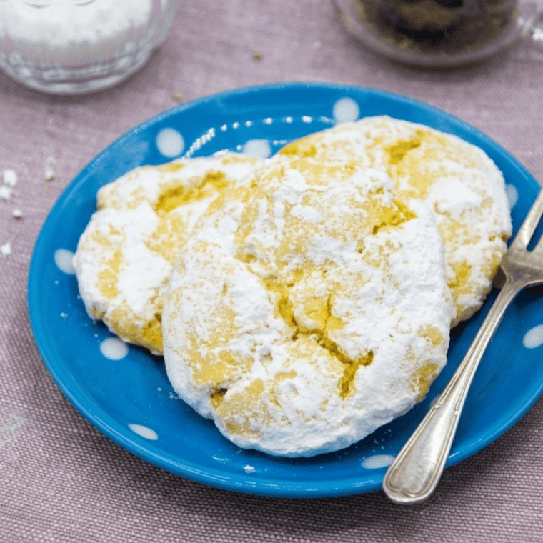 Soft lemon cake mix cookies fresh from the air fryer, lightly golden with a bright citrus flavor.