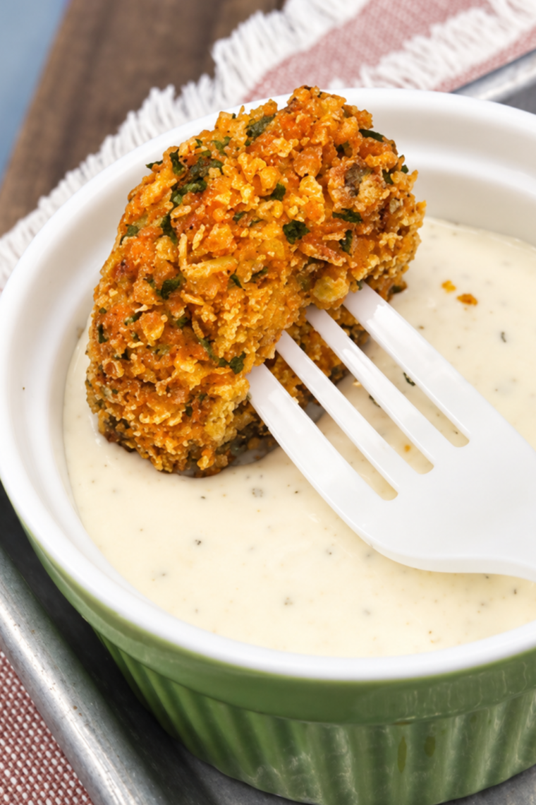 Dipping a Doritos fried pickle into a bowl of buttermilk ranch