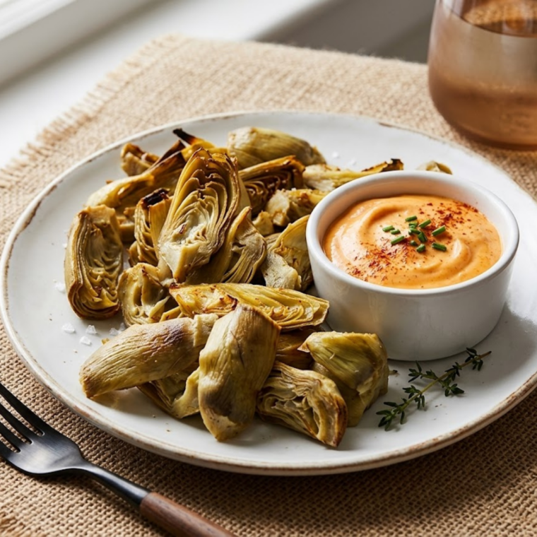 Crispy browned artichoke hearts in the air fryer basket after cooking