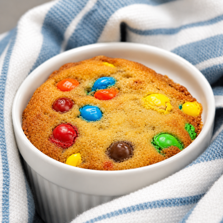 Finished air fryer M&M mug cake cooling in the ramekin with melted chocolate pockets