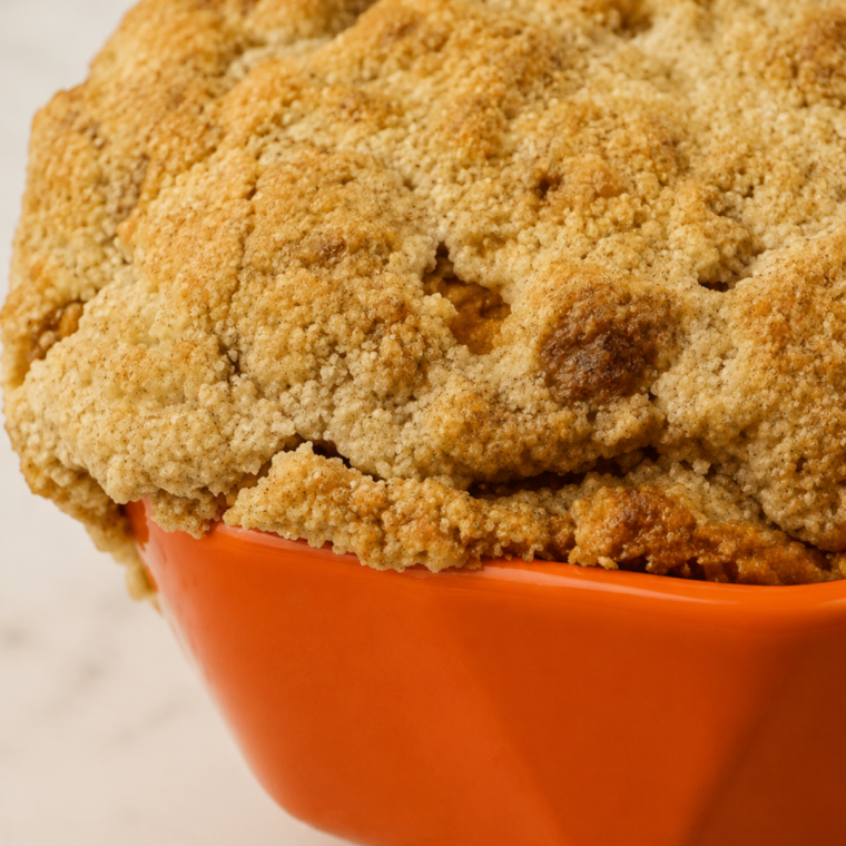 Single-serving pumpkin coffee cake in a ramekin with a golden crumb topping