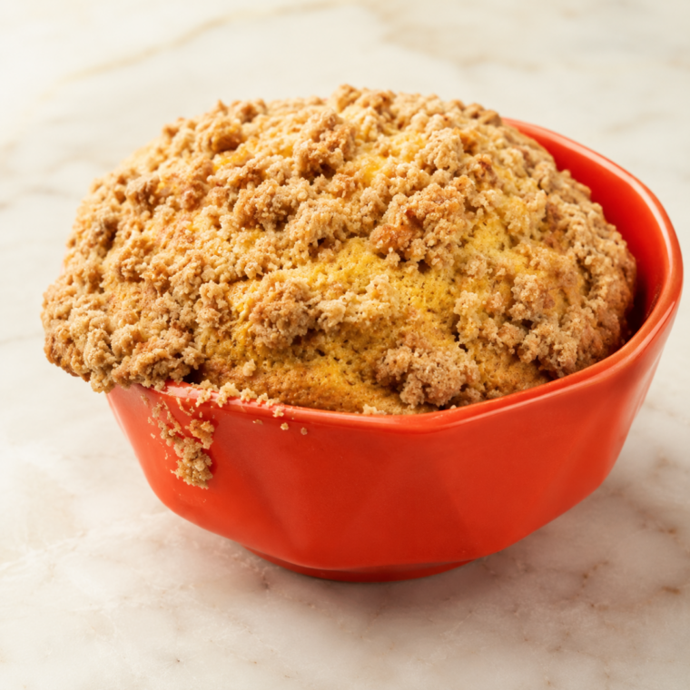 Baked pumpkin coffee cake cooling in its ramekin with a crisp streusel top