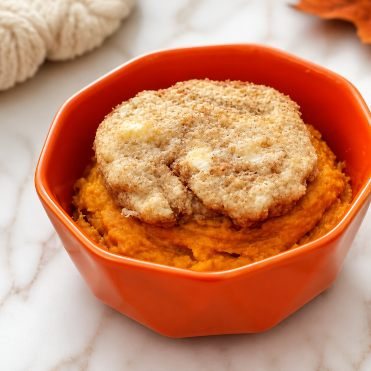 Pumpkin coffee cake baked in a white ramekin with a brown sugar streusel topping