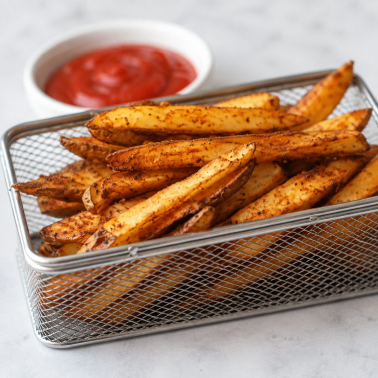 Finished crispy air fryer spicy french fries with deep golden edges