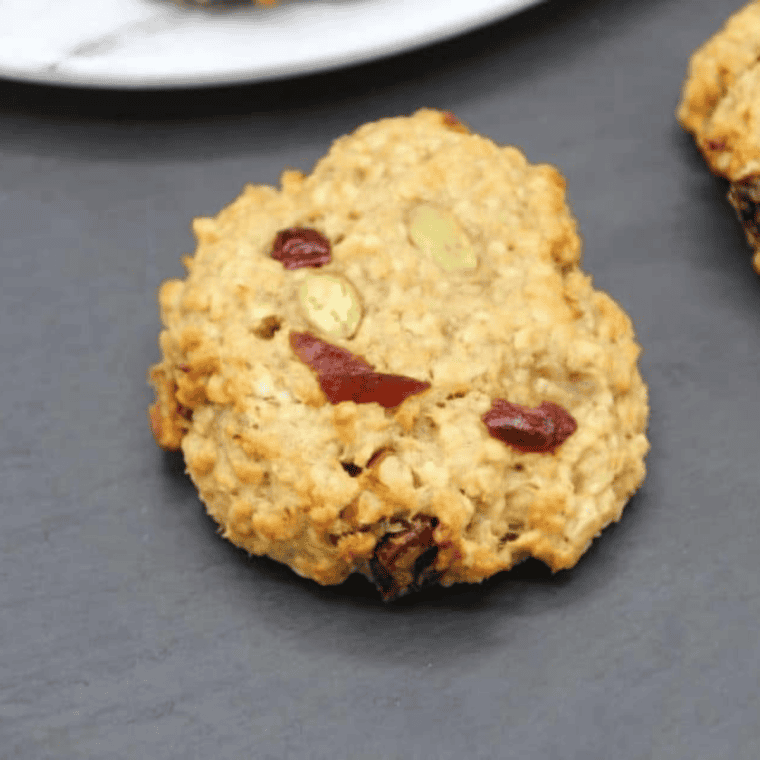 Healthy and soft air fryer breakfast cookies with oats, nuts, and dried fruit.
