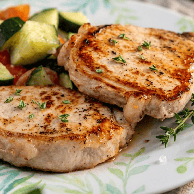 Perfectly cooked Blackstone griddle pork chop sliced to show a juicy, tender center