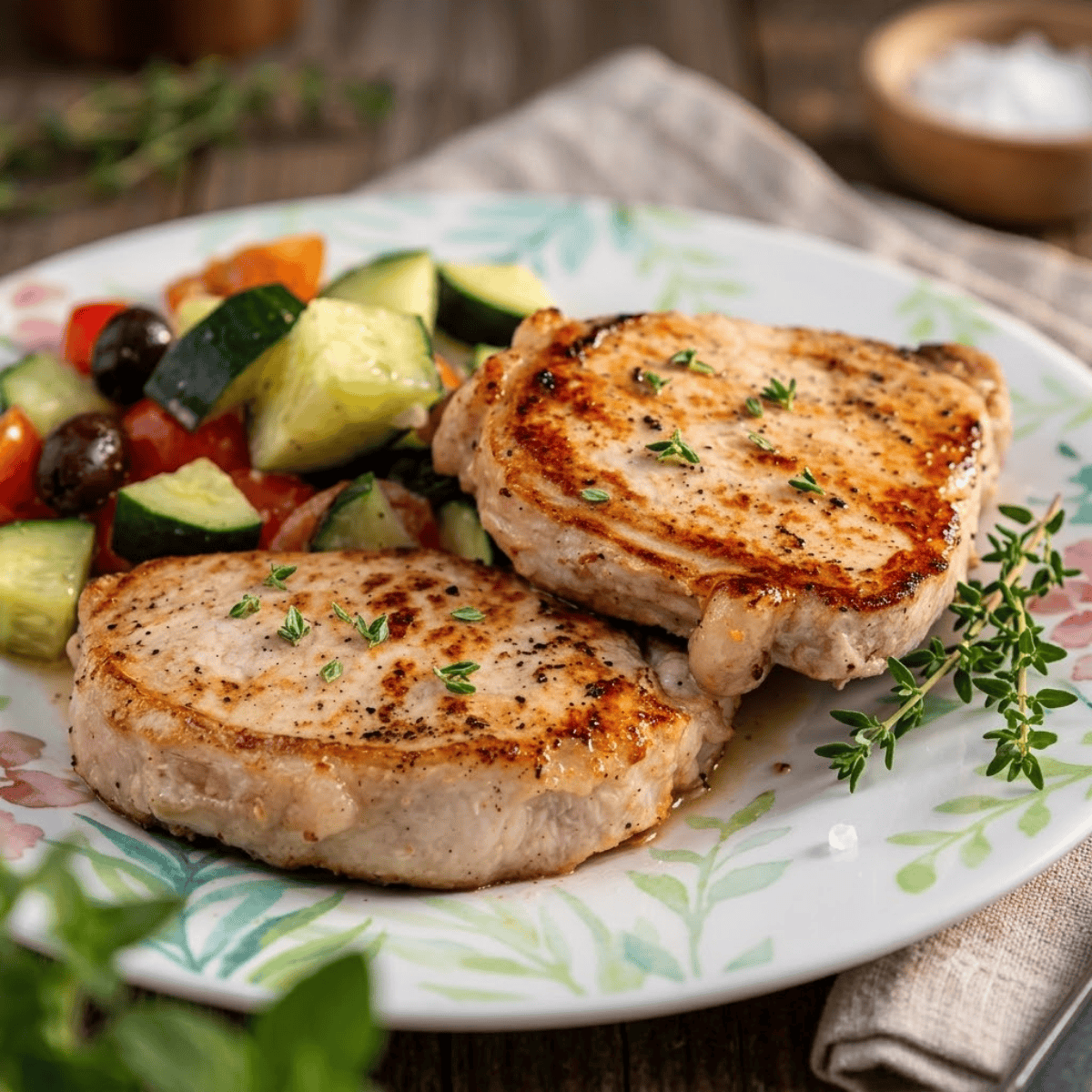 Golden-seared Blackstone pork chops cooking on a hot griddle with herbs and seasoning