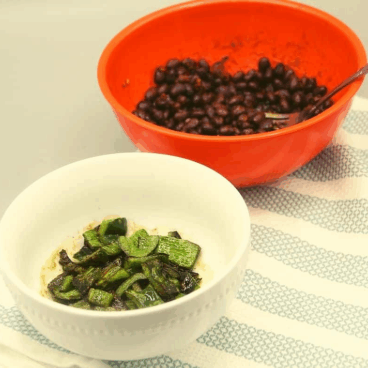 Black beans mixed with taco seasoning and saut&eacute;ed poblano peppers for quesadilla filling