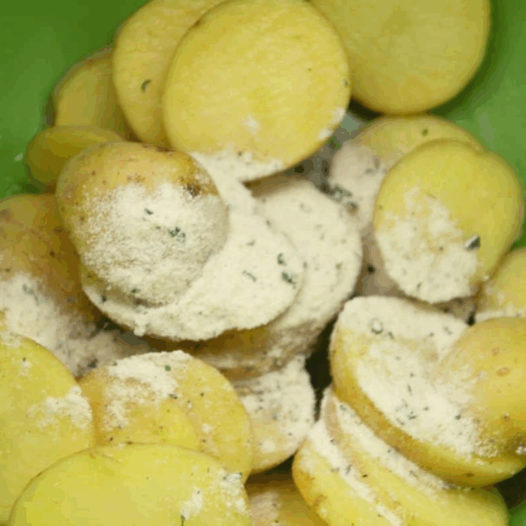 Potatoes tossed with ranch seasoning, evenly coated for maximum flavor.