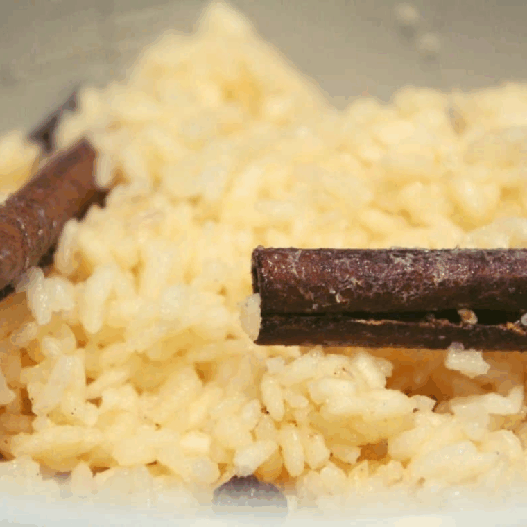 A creamy bowl of Ninja Foodi Rum Raisin Rice Pudding topped with plump raisins and a sprinkle of cinnamon. The dessert is rich, velvety, and ready to enjoy as a comforting treat.