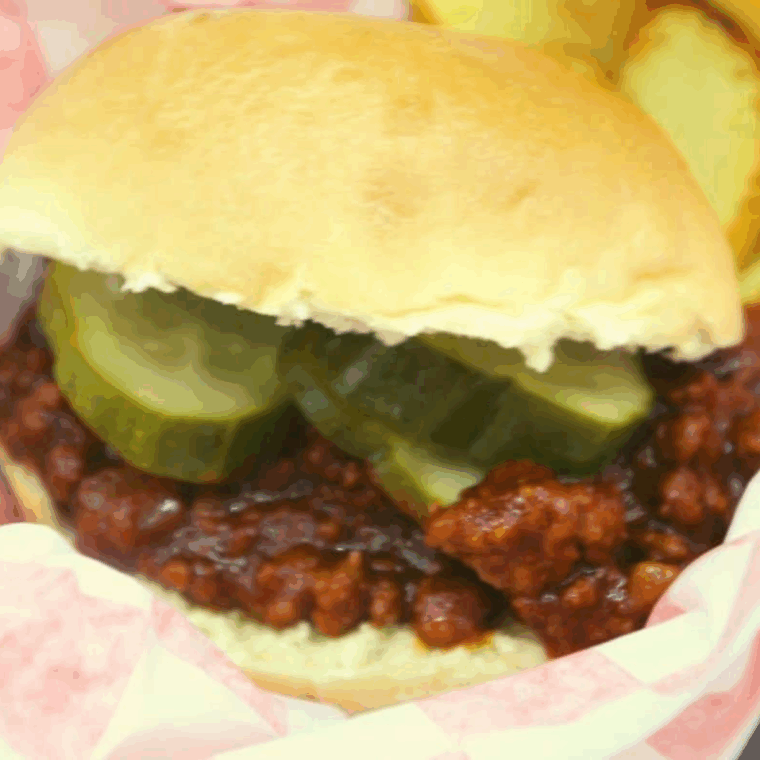 Homemade sloppy joes with Heinz chili sauce served on toasted hamburger buns