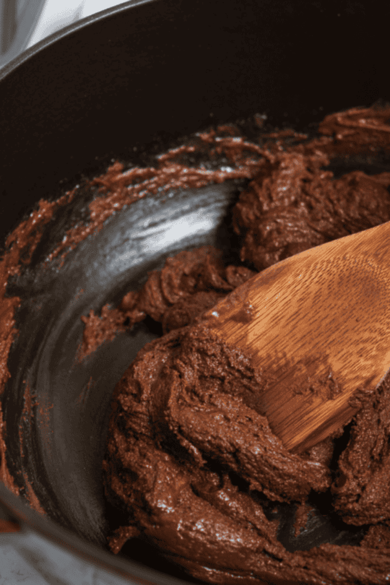 Mixing butter and sugar in a bowl, adding eggs one at a time, then stirring in vanilla and salt to form brownie batter base.