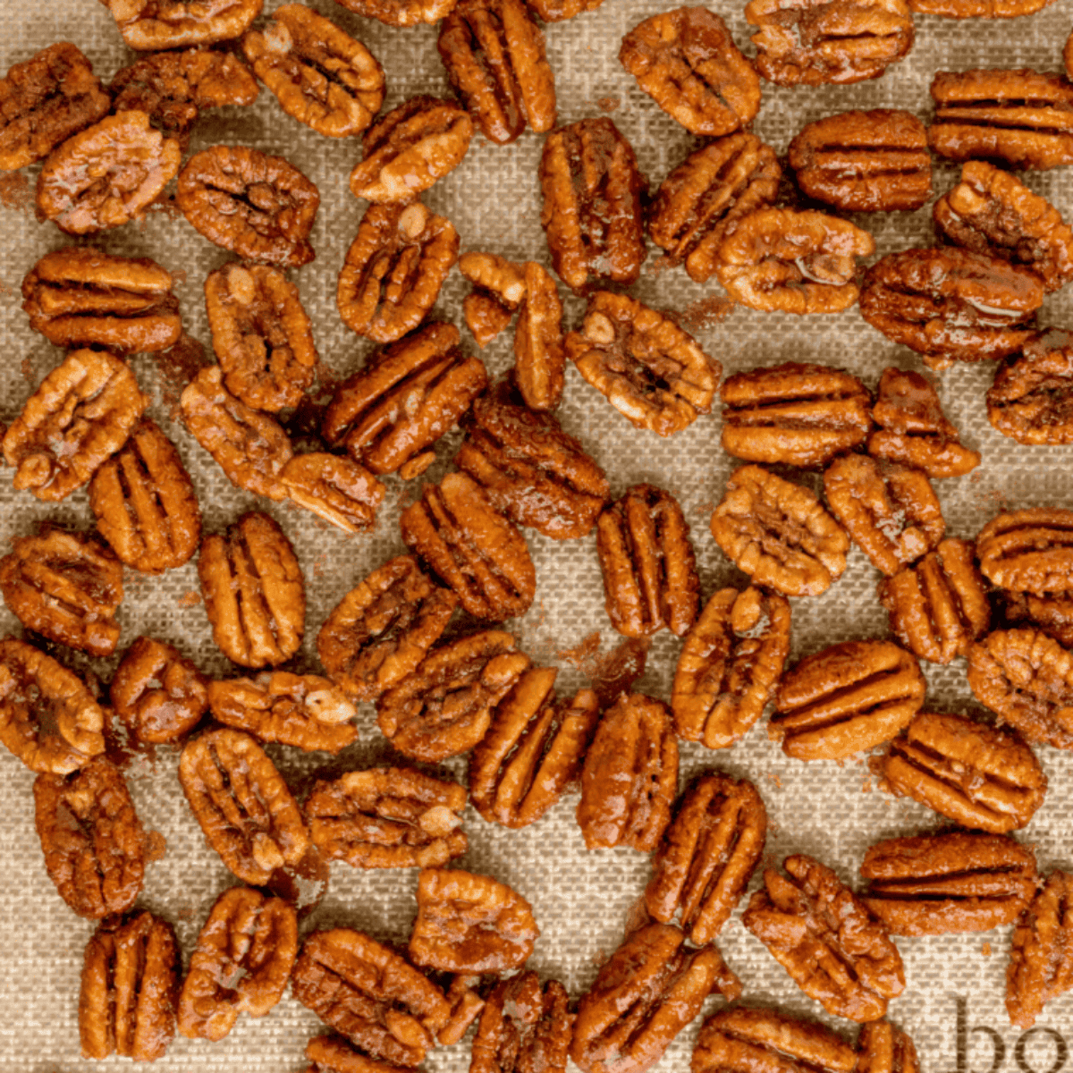 Golden, crunchy candied pecans made in the air fryer, ready to serve.