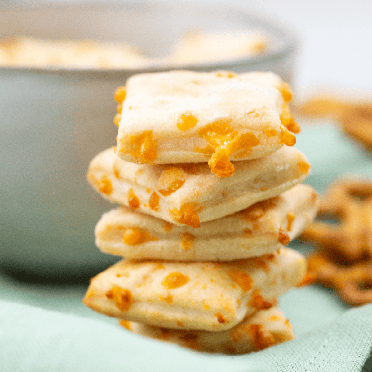 Golden homemade air fryer Cheez-Its cooling and crisping up after cooking