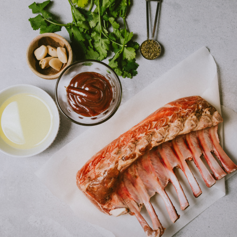 Ingredients needed for Blackstone Garlic Butter Lamb Chops  on kitchen table.