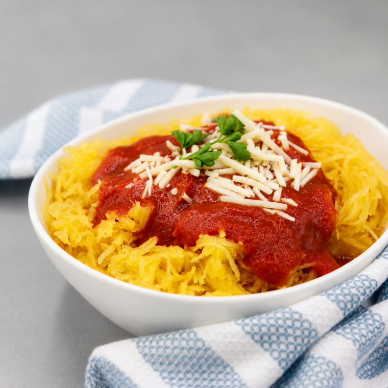 Bowl of spaghetti squash strands topped with marinara and grated Parmesan