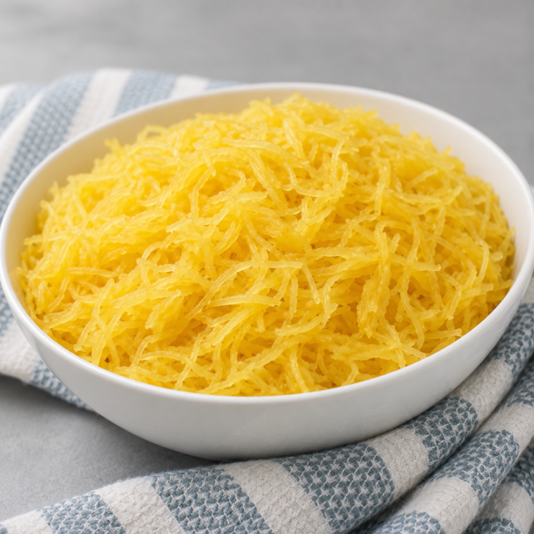 Cooked spaghetti squash strands in a bowl with a fork resting on the rim