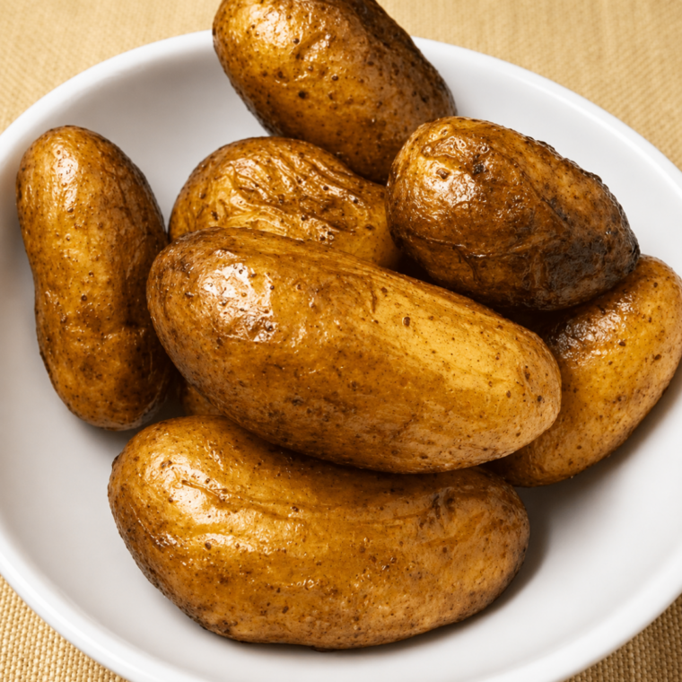 Roasted fingerling potatoes fresh from the air fryer basket, skins wrinkled and golden brown