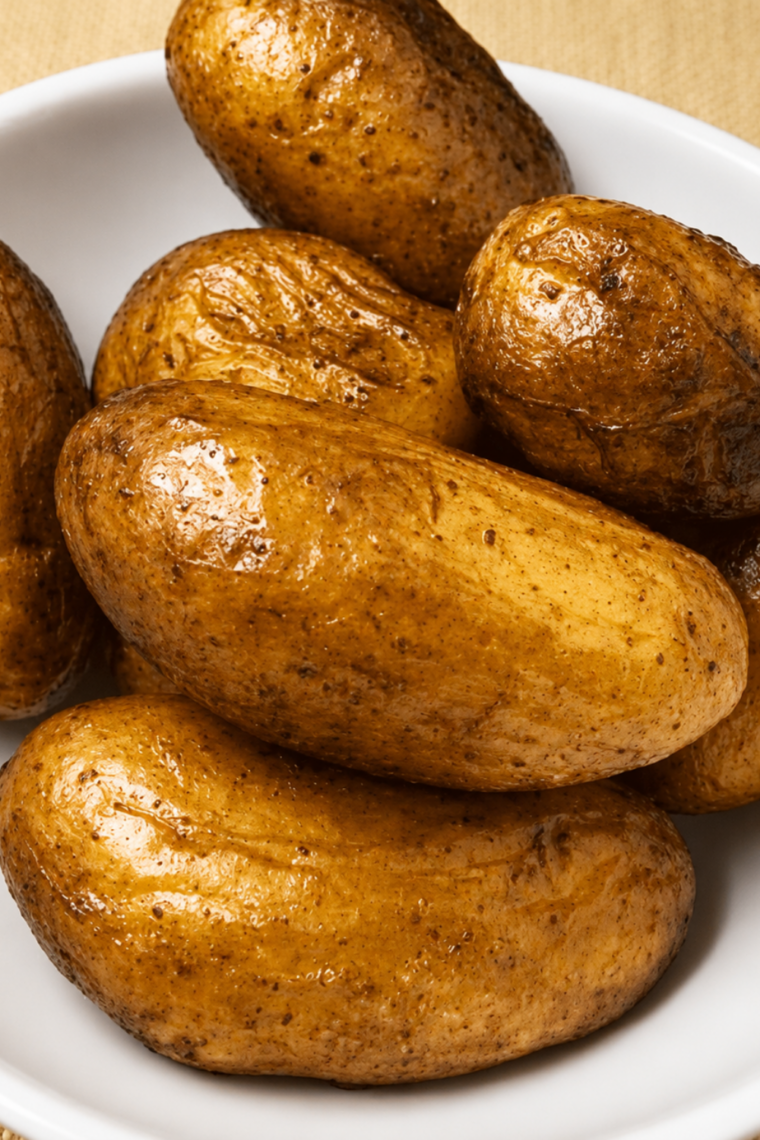 Hot air fryer fingerling potatoes just out of the basket, skins blistered and crisp