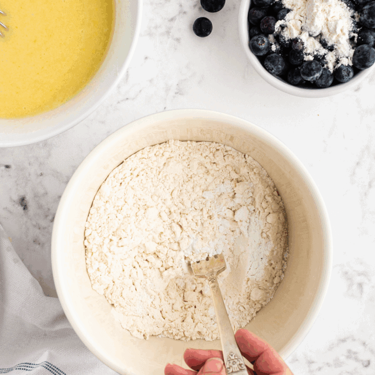 Mixing flour, sugar, baking powder, baking soda, and salt in bowl